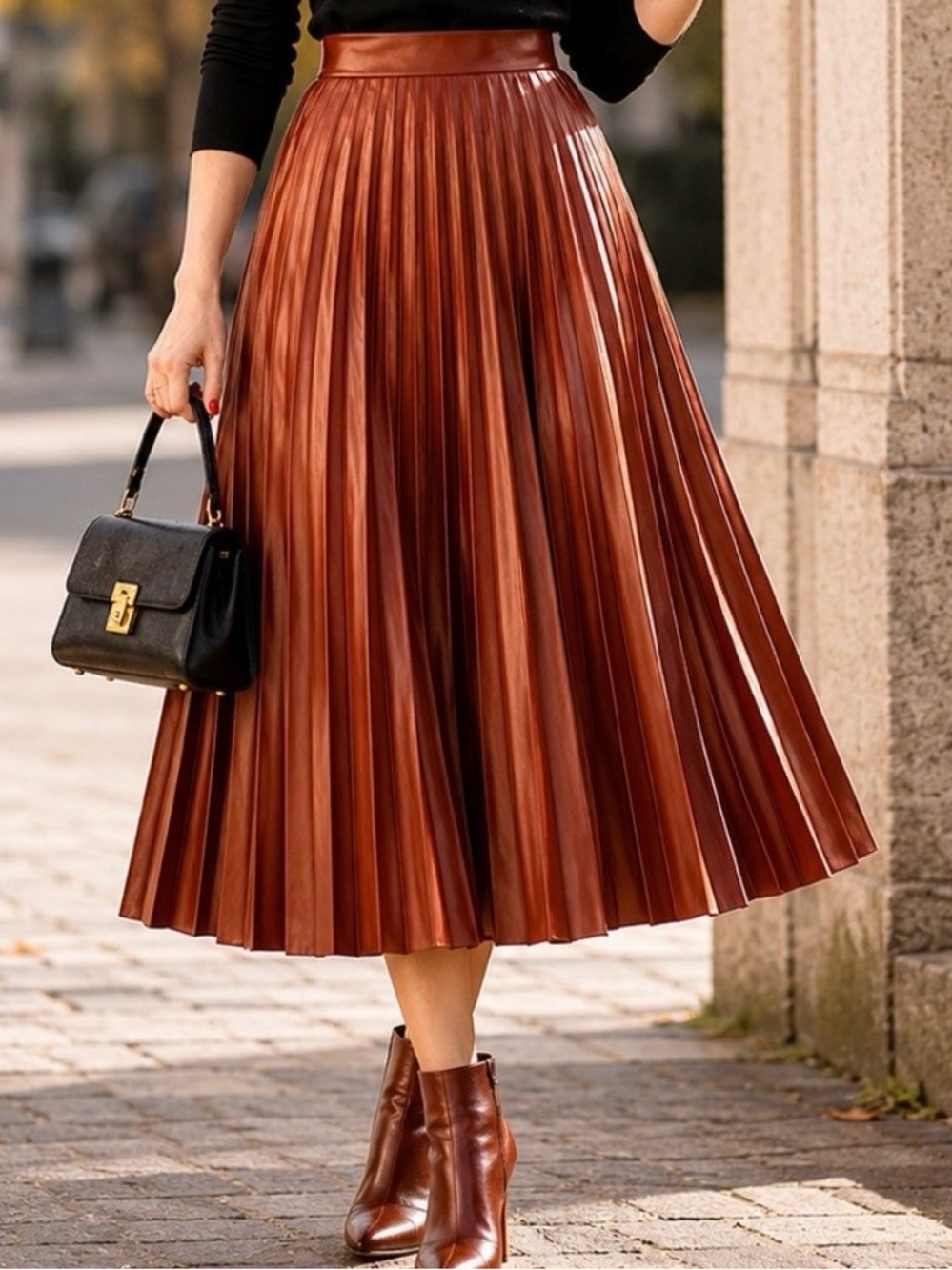 NWOT Alfani Faux Leather Pleated Midi Skirt Cognac Brown Size 6